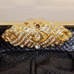 Carlo Fiori Leather Python Clutch With Gold Chain and Rhinestones