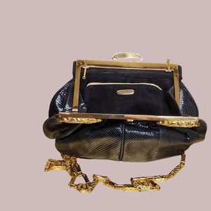 Carlo Fiori Leather Python Clutch With Gold Chain and Rhinestones
