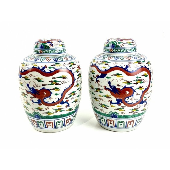 Pair of Vintage Japanese Ginger Lidded Jars Delft Urns