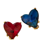 Puffy Heart Poured Lucite Mismatch Gold Plated Clip On Couture Runway Vintage Style Earrings