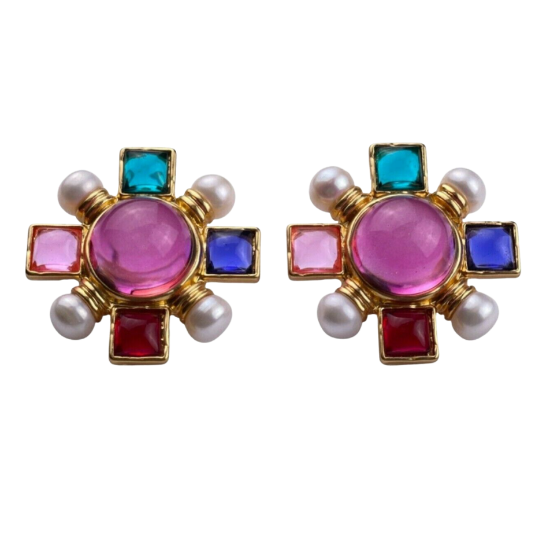 Gripoix Style Revival Cabochon Pearl Maltese Cross Vintage Style Earrings