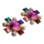 Gripoix Style Revival Cabochon Pearl Maltese Cross Vintage Style Earrings