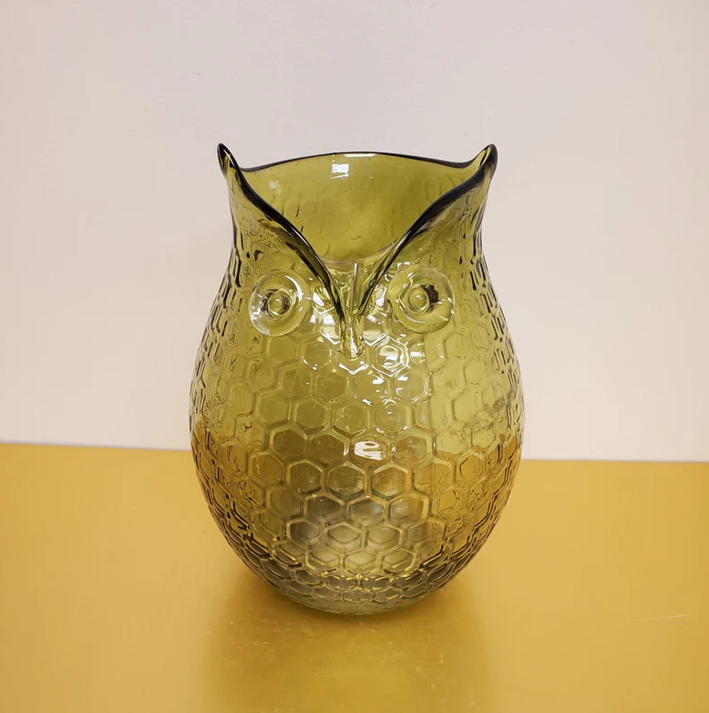 Vintage Art Glass Green Honeycomb Owl With Applied Eyes Vase By Trautman Art Glass TAG