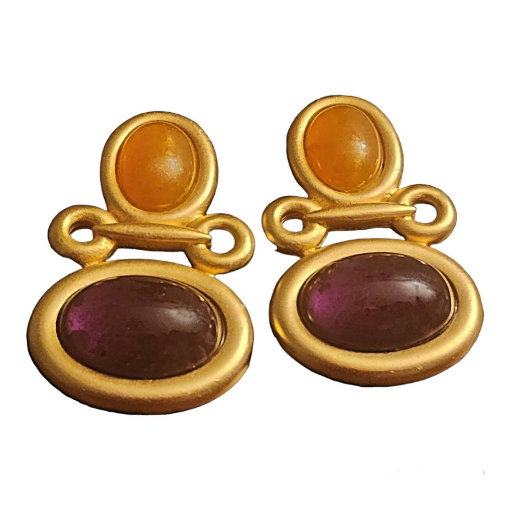 Etruscan Amethyst Carnelian Faceted Cabochon Gold Plate Earrings