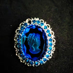 Vintage Juliana DeLizza & Elster Intaglio Cameo- by Robert Blue Rhinestone Sapphire Glass Pin Brooch 1960s