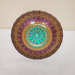 Perfect Mehendi Gold Purple Aqua Scroll Medallion Painted Glass Bowl 12” Centerpiece