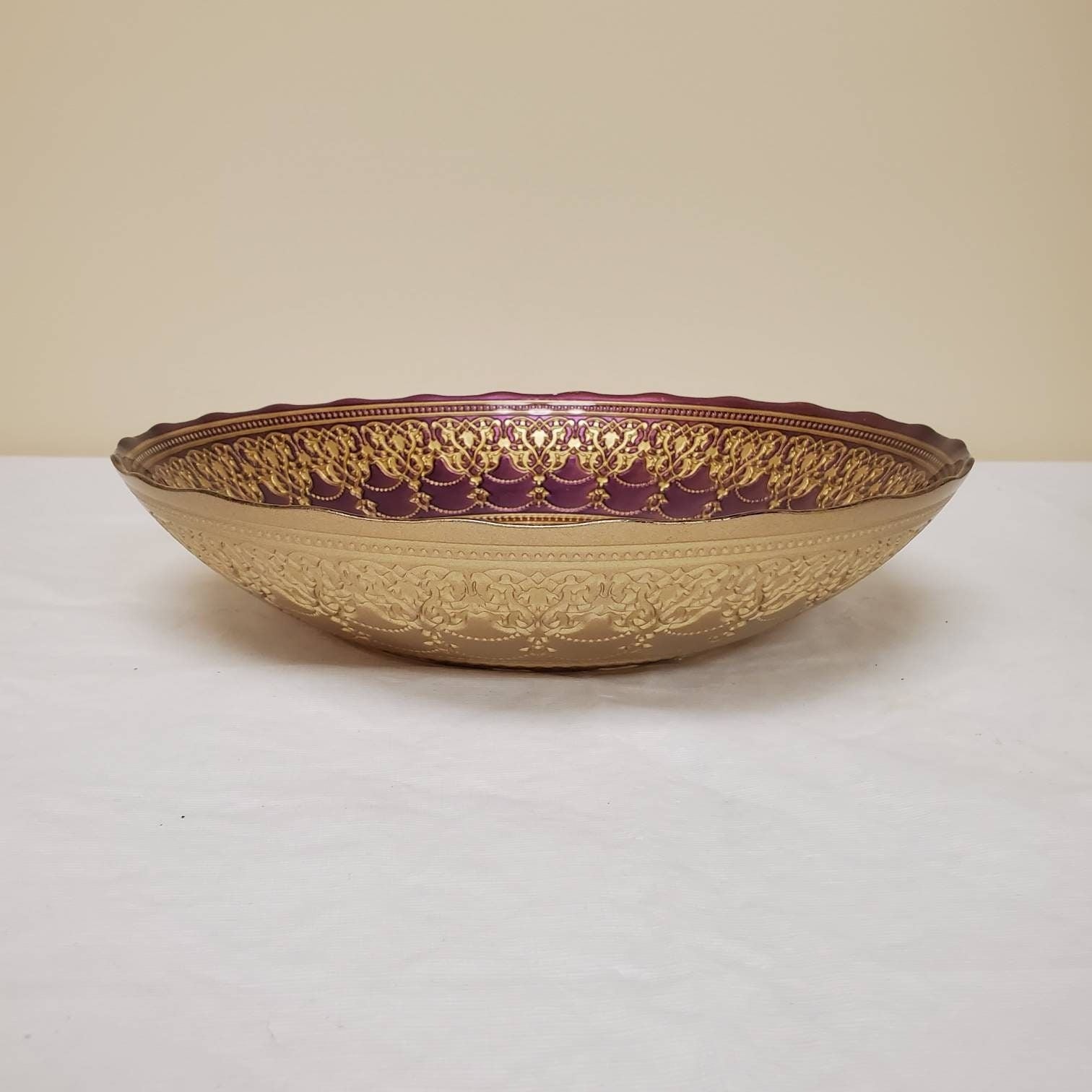 Perfect Mehendi Gold Purple Aqua Scroll Medallion Painted Glass Bowl 12” Centerpiece