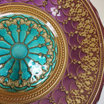 Perfect Mehendi Gold Purple Aqua Scroll Medallion Painted Glass Bowl 12” Centerpiece