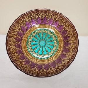 Perfect Mehendi Gold Purple Aqua Scroll Medallion Painted Glass Bowl 12” Centerpiece