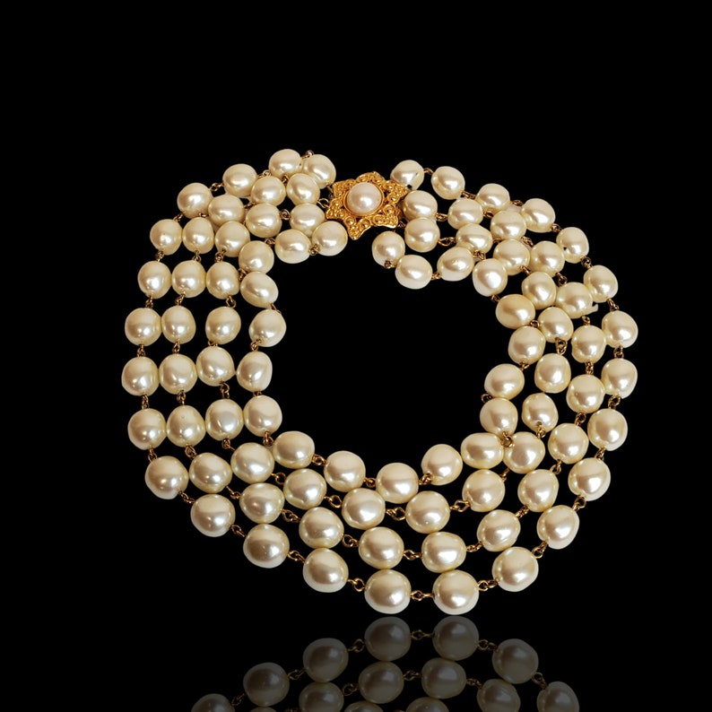 Statement French Baroque Pearl Gold Plated 4-Strand Vintage Necklace