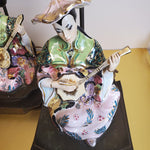 Beautiful Antique Pair Asian Figural Playing Instrument Famille Rose Porcelain Brass Base Vintage Lamp