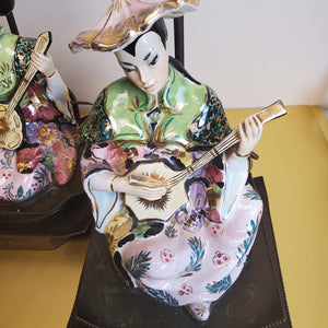 Beautiful Antique Pair Asian Figural Playing Instrument Famille Rose Porcelain Brass Base Vintage Lamp