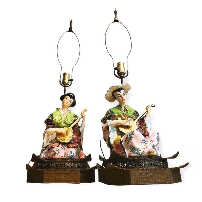 Beautiful Antique Pair Asian Figural Playing Instrument Famille Rose Porcelain Brass Base Vintage Lamp