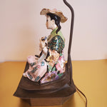 Beautiful Antique Pair Asian Figural Playing Instrument Famille Rose Porcelain Brass Base Vintage Lamp