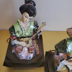 Beautiful Antique Pair Asian Figural Playing Instrument Famille Rose Porcelain Brass Base Vintage Lamp