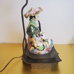 Beautiful Antique Pair Asian Figural Playing Instrument Famille Rose Porcelain Brass Base Vintage Lamp