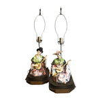 Beautiful Antique Pair Asian Figural Playing Instrument Famille Rose Porcelain Brass Base Vintage Lamp