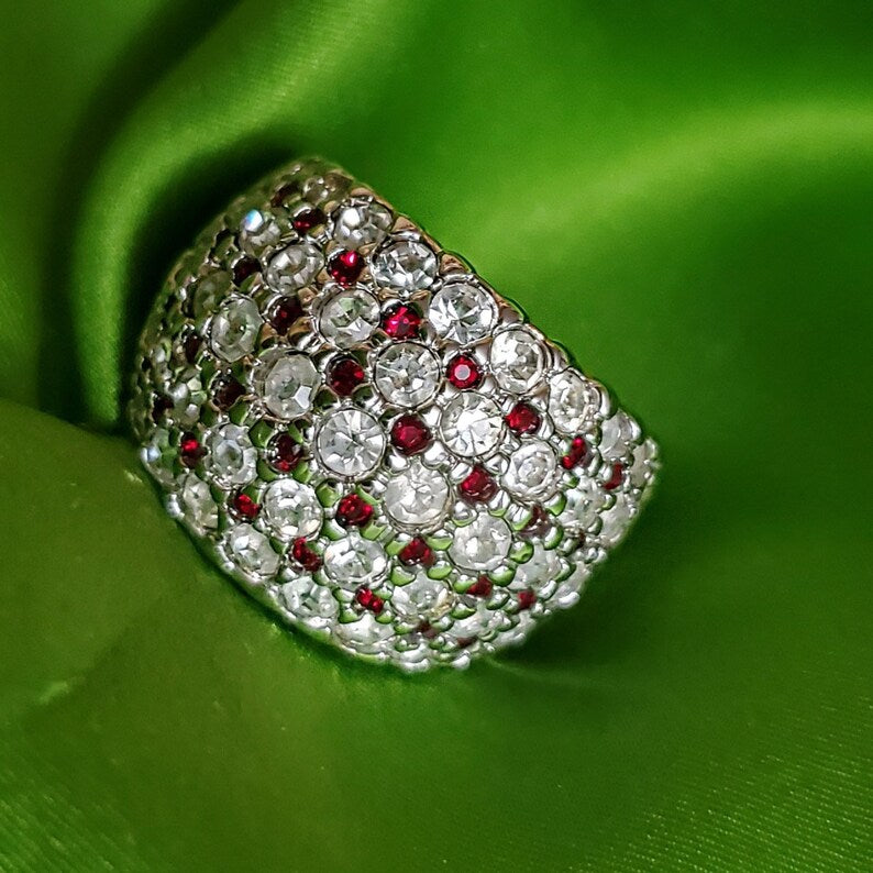 Huge Nolan Miller Pave Clear Ruby Rhinestone Cluster Cocktail Gold Plated Ring Statement Runway Couture
