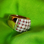 Huge Nolan Miller Pave Clear Ruby Rhinestone Cluster Cocktail Gold Plated Ring Statement Runway Couture