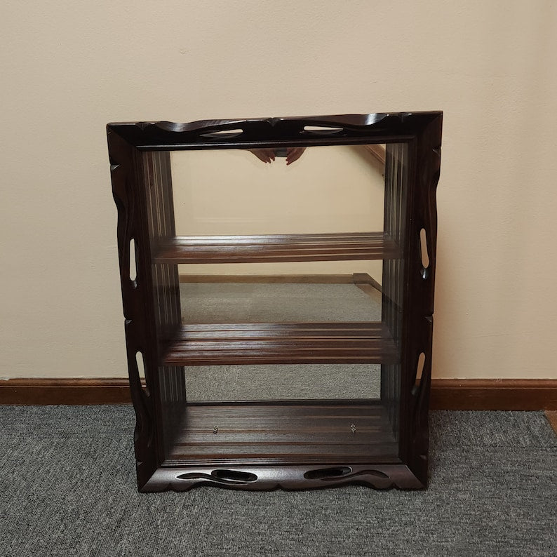 Beautiful Detailed Apothecary Shadow Box Mirror Curio Dark Wood Shelf Vintage Cabinet Display Case
