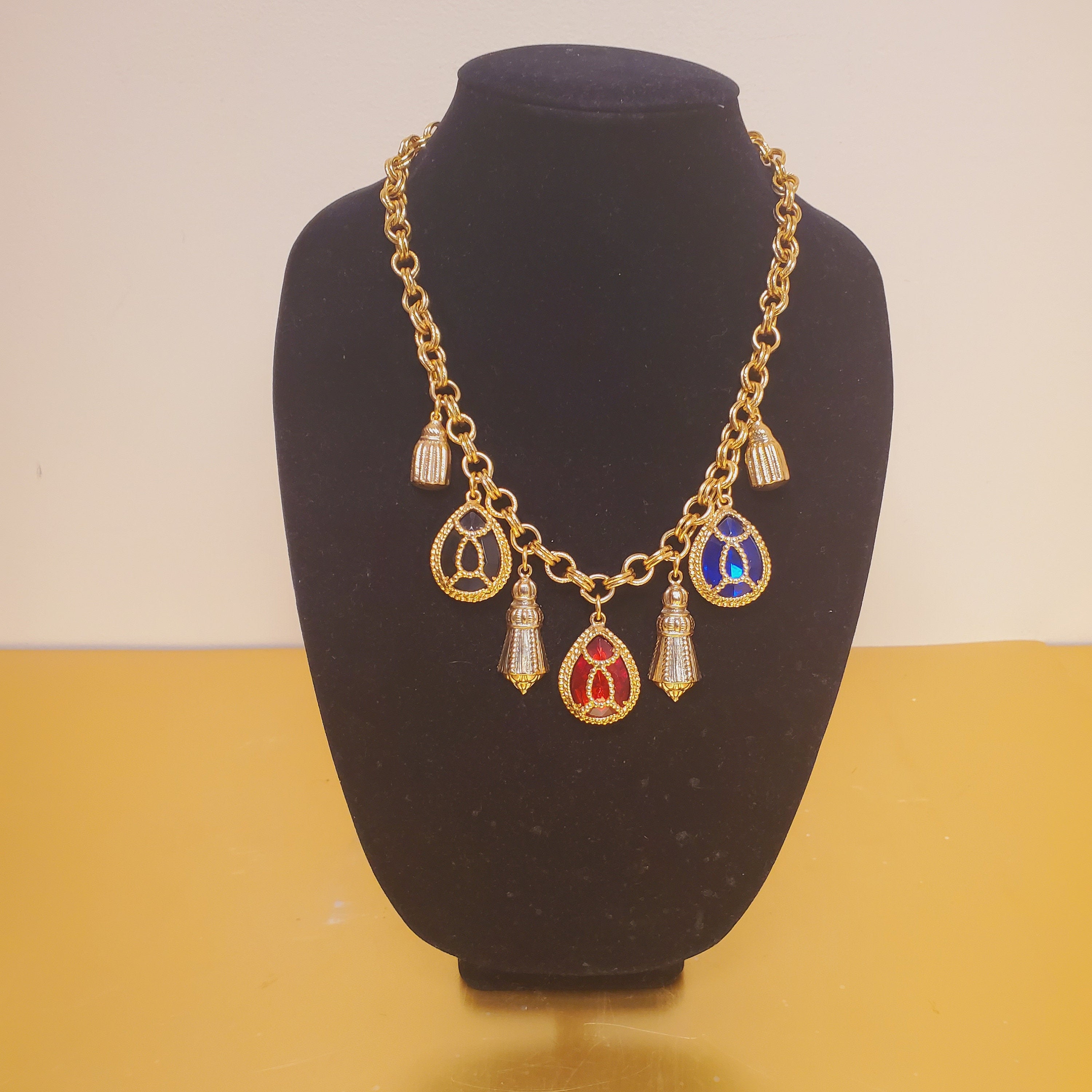 Moghul Lucite Fob Gold Plate Link Vintage Necklace, Couture, Runway Necklace