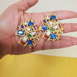 Rare CRAFT Huge Matte Gold Tone Pearl Jeweled Statement Runway Couture Clip On Earrings