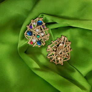 Rare CRAFT Huge Matte Gold Tone Pearl Jeweled Statement Runway Couture Clip On Earrings