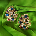Rare CRAFT Huge Matte Gold Tone Pearl Jeweled Statement Runway Couture Clip On Earrings