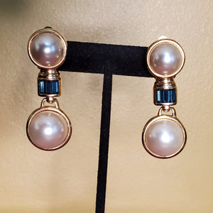 Huge DOORKNOCKER PEARL Blue Sapphire Glass Cabochons Drop Dangle Earrings Gold Plated Vintage Clip On Earrings
