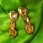 Huge DOORKNOCKER PEARL Blue Sapphire Glass Cabochons Drop Dangle Earrings Gold Plated Vintage Clip On Earrings