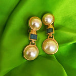 Huge DOORKNOCKER PEARL Blue Sapphire Glass Cabochons Drop Dangle Earrings Gold Plated Vintage Clip On Earrings