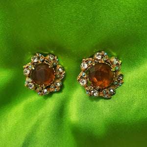 FLORENZA Faux Amber Antique Gold Clip On Statement Victorian Style Earrings