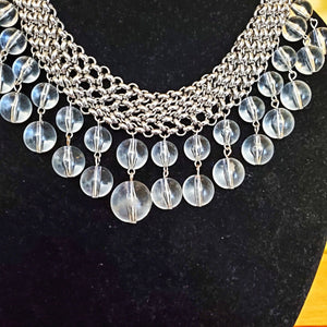 Gorgeous Chainmail Silvertone Drop Dangle Lucite Choker Statement Necklace
