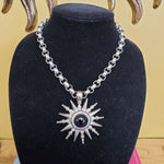Outstanding Gerard Yosca Starburst Onyx Silvertone Pendant Thick Rolo Chain