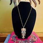 Chic 70s Articulated OWL PENDANT Gold Tone Amber Eyes Necklace Vintage Boho Necklace