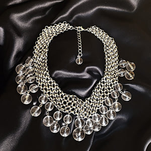 Gorgeous Chainmail Silvertone Drop Dangle Lucite Choker Statement Necklace