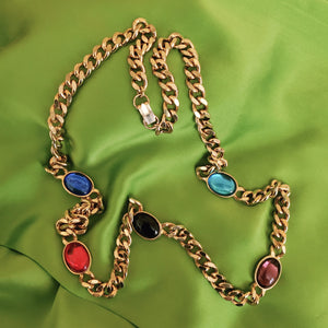 Gorgeous 30" Sautior Glass Cabs Gold Plated Onyx Ruby Sapphire Runway Couture Vintage Signed Link Necklace