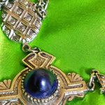 Eyptian Revival Blue Cabochon Silvertone Dangle Vintage Estruscan Necklace