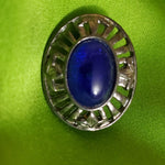 Etruscan Revival Blue Cabochon Oval Disc Silver Tone Vintage Clip On Earrings