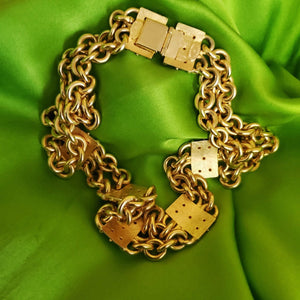 Gorgeous ROXANNE ASSOULIN Station Link Chain Glass Cabochon Crystal Gold Plated Vintage Signed Statement Runway Couture