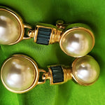 Huge DOORKNOCKER PEARL Blue Sapphire Glass Cabochons Drop Dangle Earrings Gold Plated Vintage Clip On Earrings