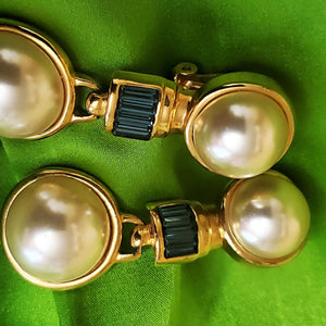 Huge DOORKNOCKER PEARL Blue Sapphire Glass Cabochons Drop Dangle Earrings Gold Plated Vintage Clip On Earrings