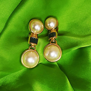 Huge DOORKNOCKER PEARL Blue Sapphire Glass Cabochons Drop Dangle Earrings Gold Plated Vintage Clip On Earrings