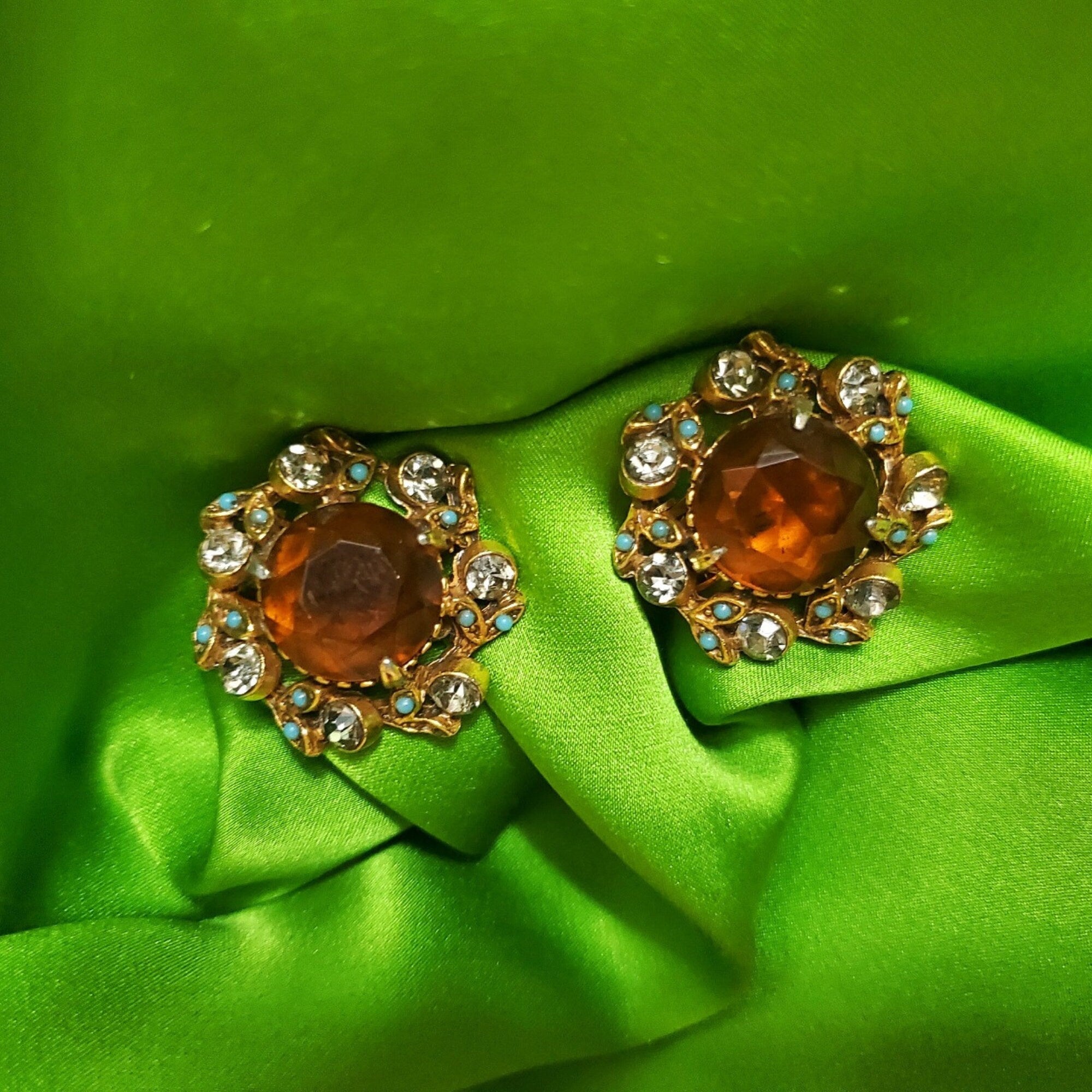 FLORENZA Faux Amber Antique Gold Clip On Statement Victorian Style Earrings
