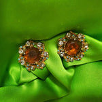 FLORENZA Faux Amber Antique Gold Clip On Statement Victorian Style Earrings