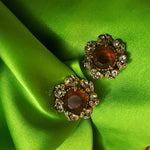 FLORENZA Faux Amber Antique Gold Clip On Statement Victorian Style Earrings