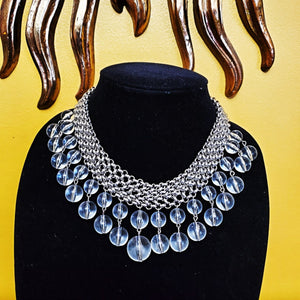 Gorgeous Chainmail Silvertone Drop Dangle Lucite Choker Statement Necklace