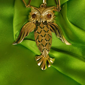 Chic 70s Articulated OWL PENDANT Gold Tone Amber Eyes Necklace Vintage Boho Necklace