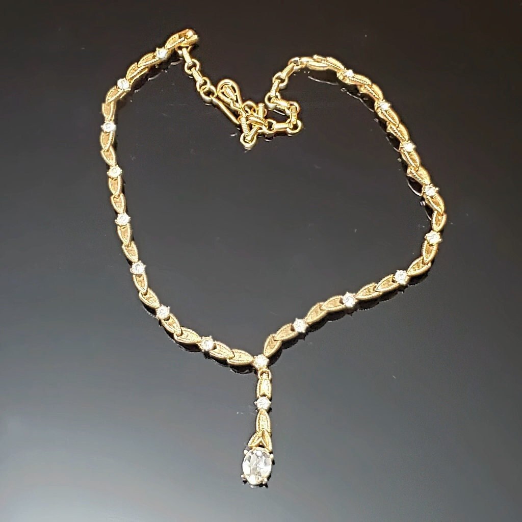 CORO Gold Plated Rhinestone Tennis Choker Necklace, Drop Dangle Vintage Necklace