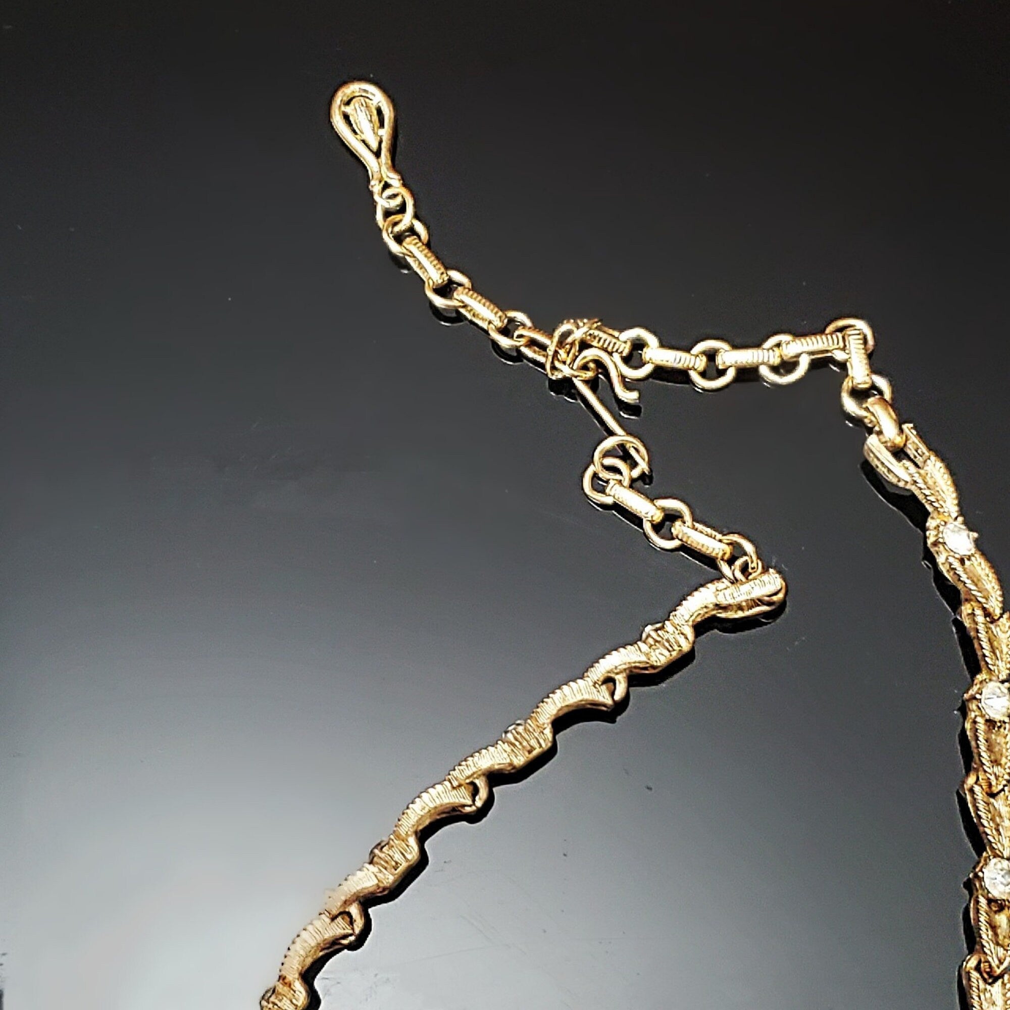 CORO Gold Plated Rhinestone Tennis Choker Necklace, Drop Dangle Vintage Necklace